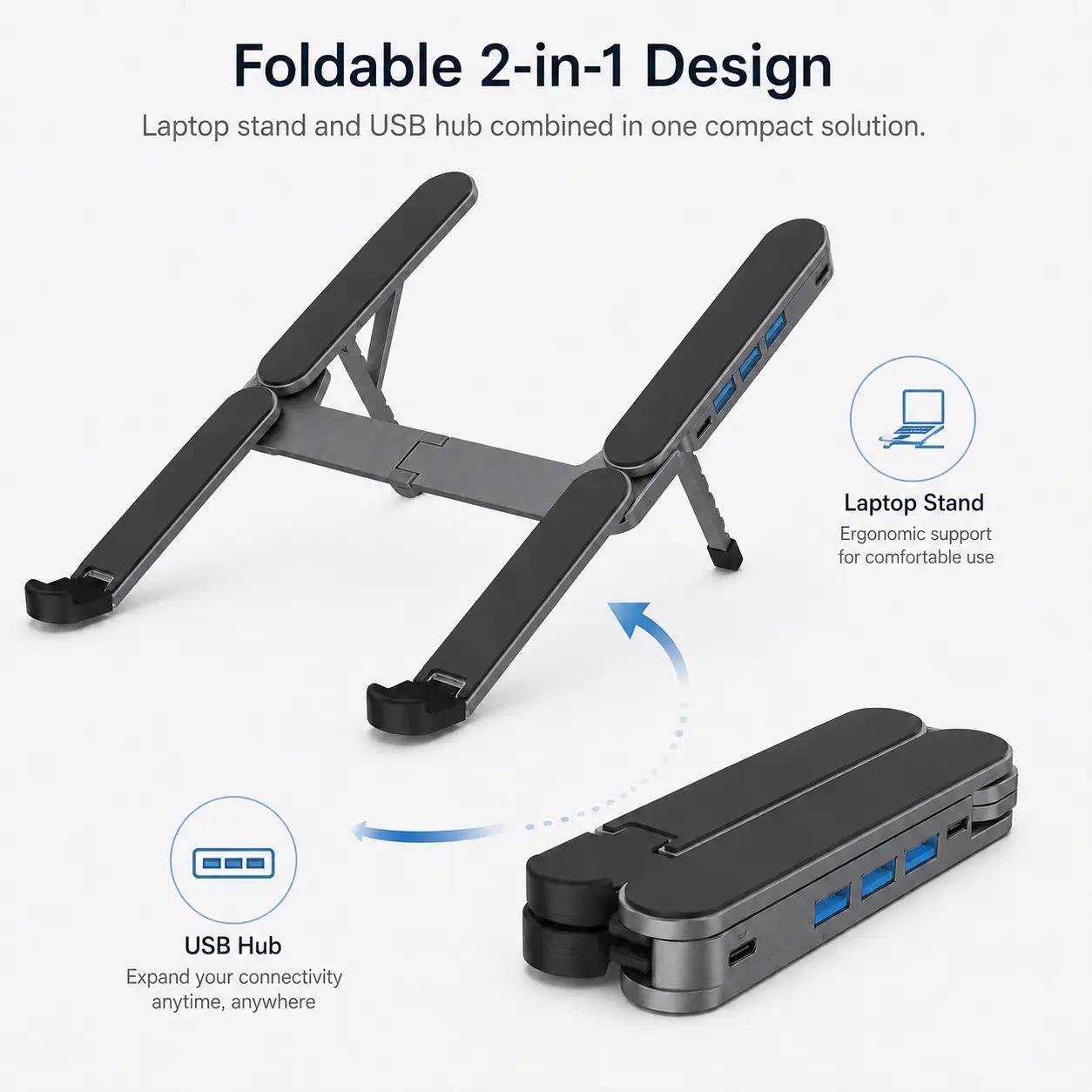 Gunmetal Laptop Stand with Foldable USB Hub, Adjustable Ergonomic Desk Riser, Multi-Port Expansion for MacBook - image 7