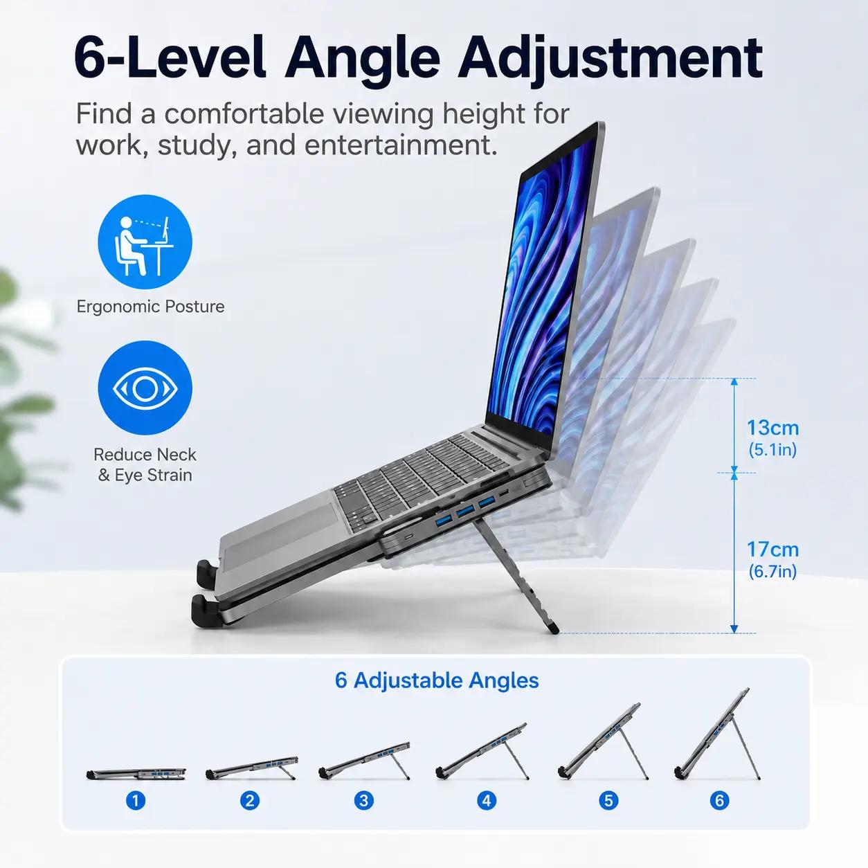 Gunmetal Laptop Stand with Foldable USB Hub, Adjustable Ergonomic Desk Riser, Multi-Port Expansion for MacBook - image 2