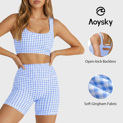 Aoysky Womens Workout Gingham 2 Piece Outfits Padded Open Back Crop Tank High Waist Seamless Sports Shorts Sets Casual Yoga M