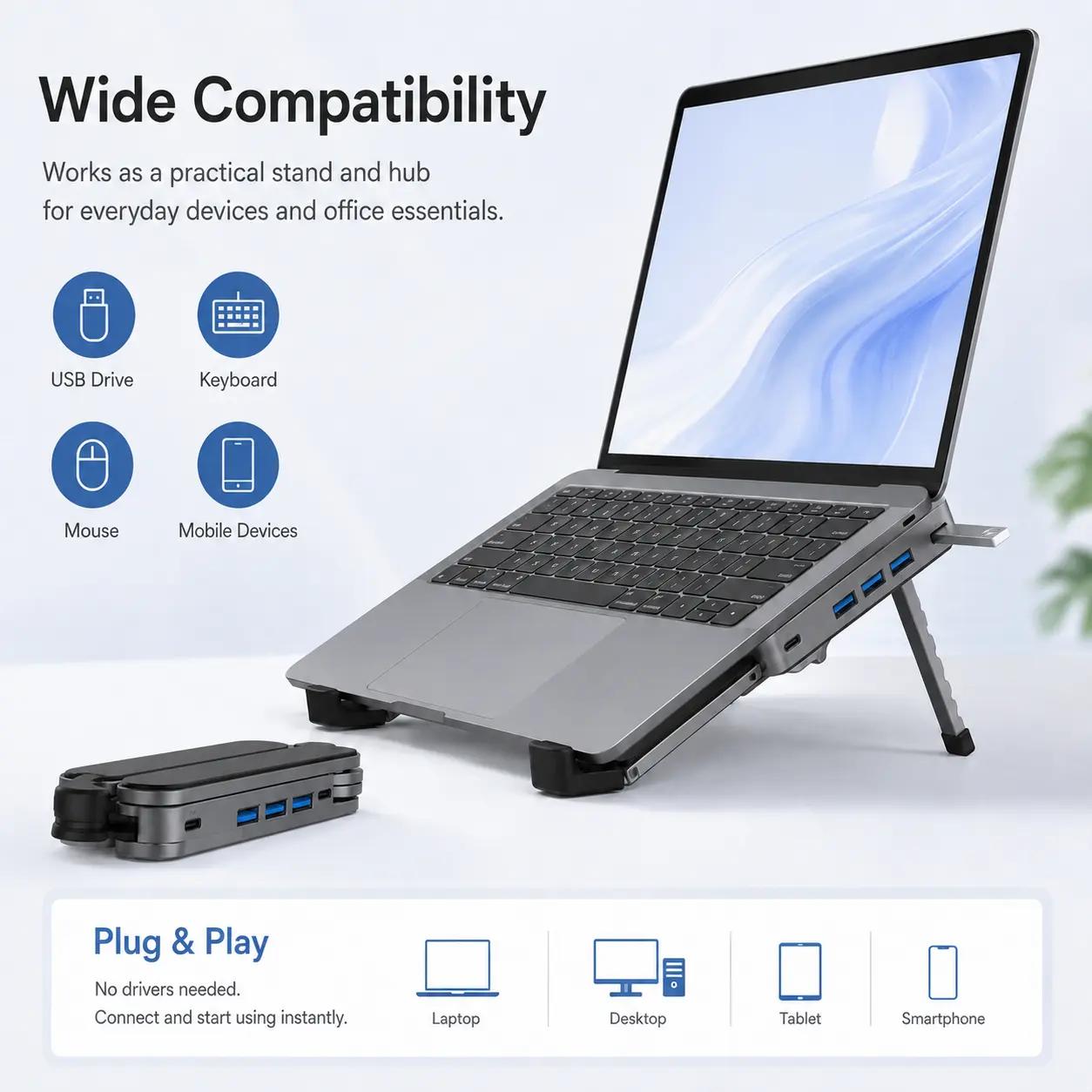 Gunmetal Laptop Stand with Foldable USB Hub, Adjustable Ergonomic Desk Riser, Multi-Port Expansion for MacBook - image 3