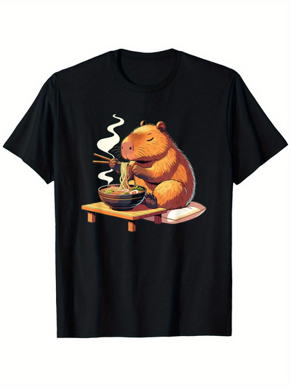 Men's Graphic T-Shirt Cozy Capybara Enjoying Steaming Ramen Bowl On Wooden Table