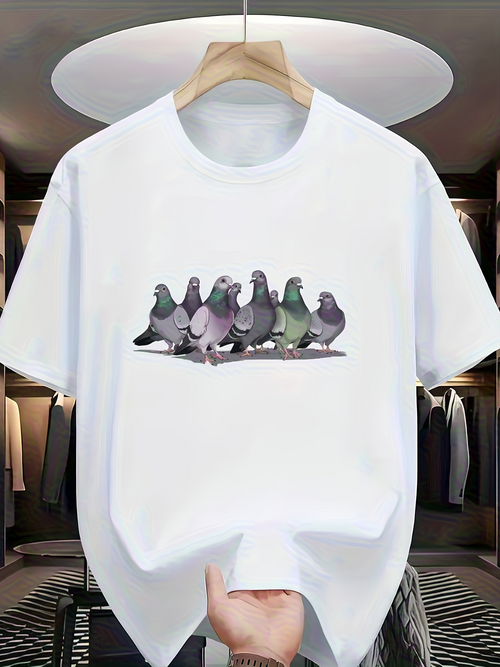 Men's Graphic T-Shirt Urban Gathering Of Multicolored Pigeons Resting Among Shadows Pigeon