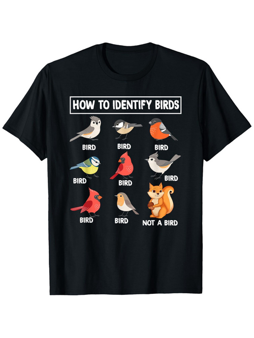 Men's Graphic T-Shirt How To Identify Birds Colorful Forest Animals With Charming Squirrel Among Birds