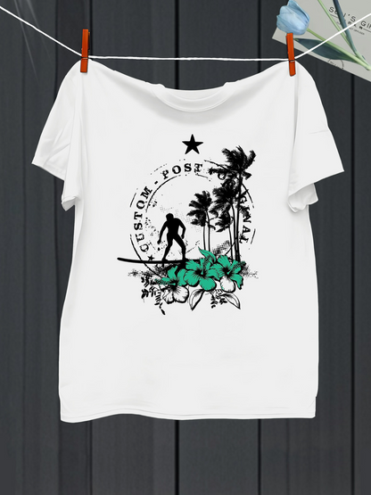 Men's Graphic T-Shirt Custom Post Tropical Green Leaves With Black Palm Trees Surfer