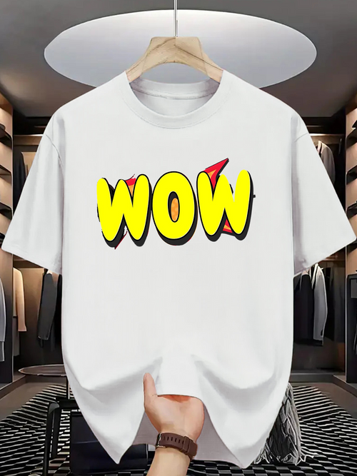 Men's Graphic T-Shirt Bold Comic Style Yellow Lettering Wow