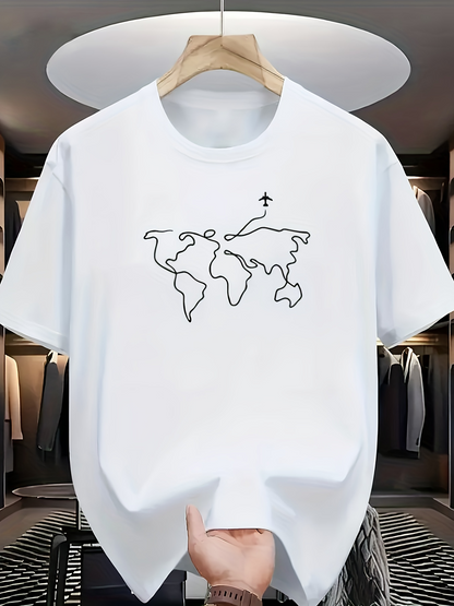 Men's Graphic T-Shirt Minimalist Map Outline With Airplane Flying Over The Continents World Map