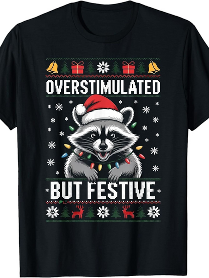 Men's Graphic T-Shirt Overstimulated But Festive Christmas Lights Garland With Mistletoe Holiday Raccoon
