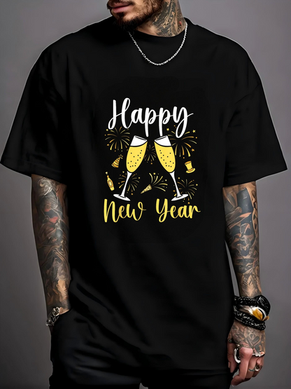 Men's Graphic T-Shirt Happy New Year Toasting Champagne Glasses Surrounded By Fireworks And Confetti Celebration