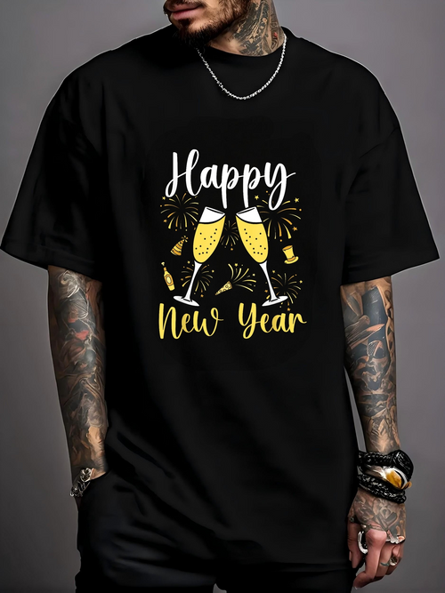 Men's Graphic T-Shirt Happy New Year Toasting Champagne Glasses Surrounded By Fireworks And Confetti Celebration