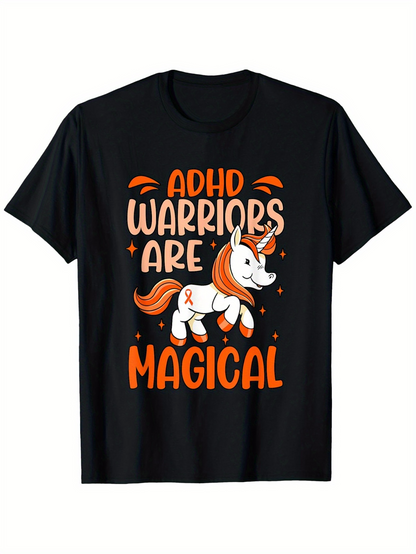 Men's Graphic T-Shirt ADHD Warriors Are Magical Cheerful Unicorn With Star Accents Surrounded By Orange Sparkles