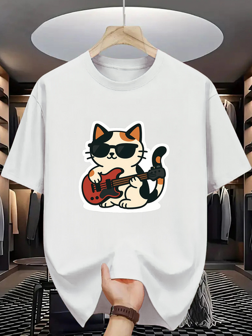 Men's Graphic T-Shirt Cool Cat With Sunglasses Playing Electric Guitar In Cartoon Style Cat