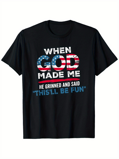Men's Graphic T-Shirt God Made Me Patriotic Letters With Blue Text And Bold Statement T Shirt