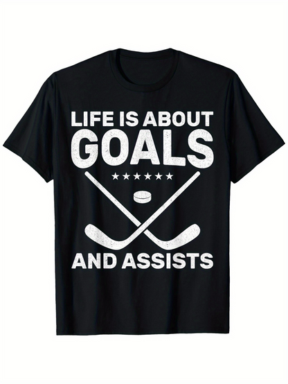 Men's Graphic T-Shirt Life Is About Goals And Assists Hockey Sticks Stars And Puck Design