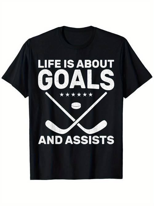 Men's Graphic T-Shirt Life Is About Goals And Assists Hockey Sticks Stars And Puck Design