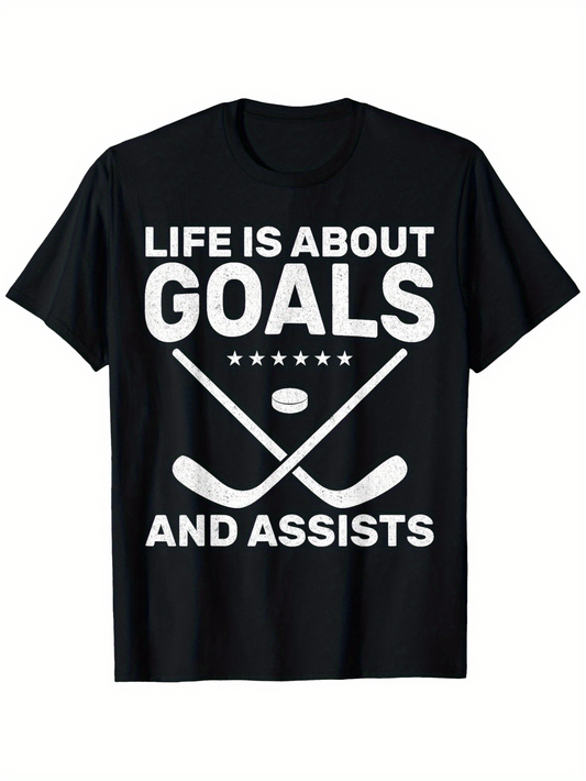 Men's Graphic T-Shirt Life Is About Goals And Assists Hockey Sticks Stars And Puck Design