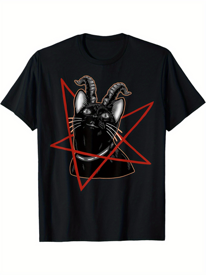 Men's Graphic T-Shirt Mysterious Cat Staring With Horns Among Red Geometric Pentagram