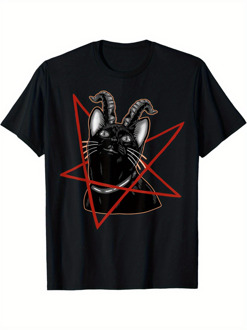 Men's Graphic T-Shirt Mysterious Cat Staring With Horns Among Red Geometric Pentagram