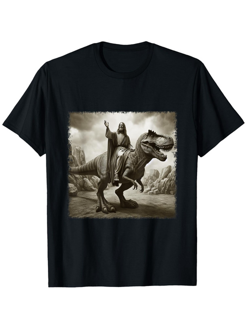 Men's Graphic T-Shirt Epic Landscape With Warrior Standing Proudly On Charging Dinosaur