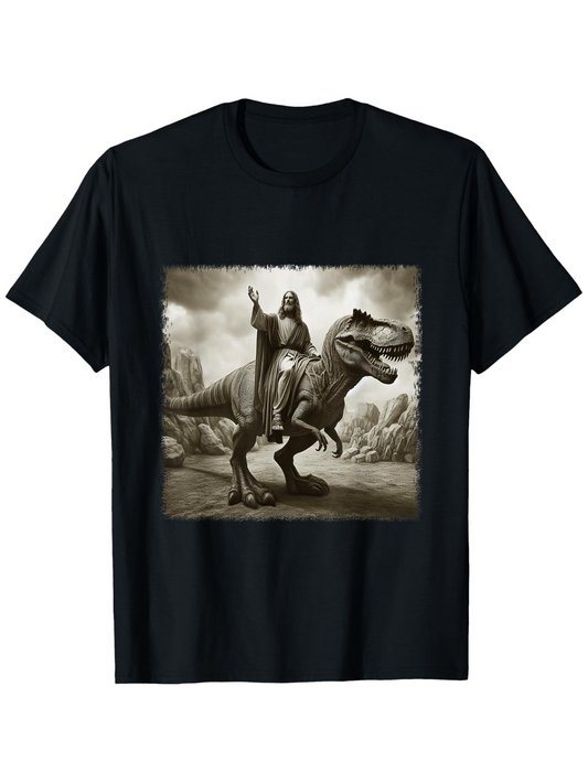 Men's Graphic T-Shirt Epic Landscape With Warrior Standing Proudly On Charging Dinosaur