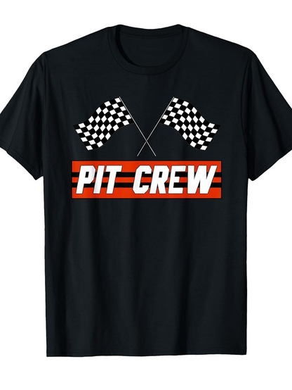Men's Graphic T-Shirt Pit Crew With Racing Flags Over Bold Red Stripes Shirt
