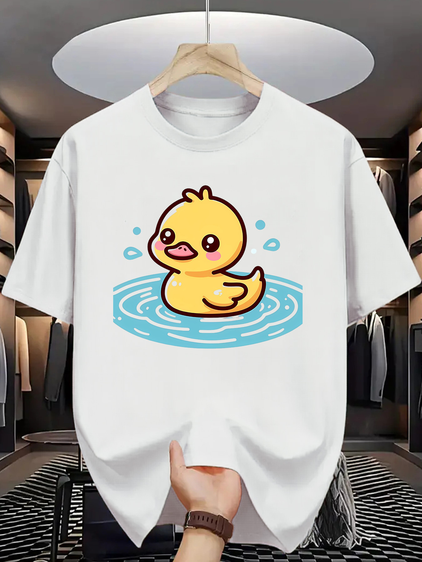 Men's Graphic T-Shirt Cheerful Cartoon Yellow Duck In Blue Water Pool Duck