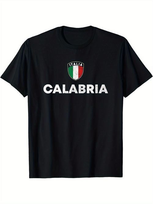 Men's Graphic T-Shirt Calabria Italian Flag Colors With Crest On Black T Shirt