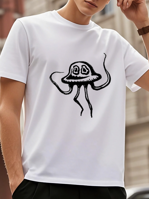 Men's Graphic T-Shirt Handdrawn Smiling Cartoon Lines With Whimsical Underwater Jellyfish