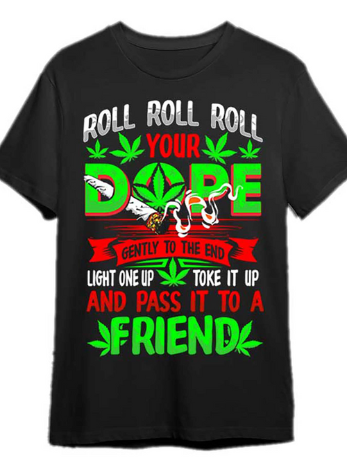 Men's Graphic T-Shirt Roll Roll Roll Your Dope With Smoking Joints And Bright Green Leaves