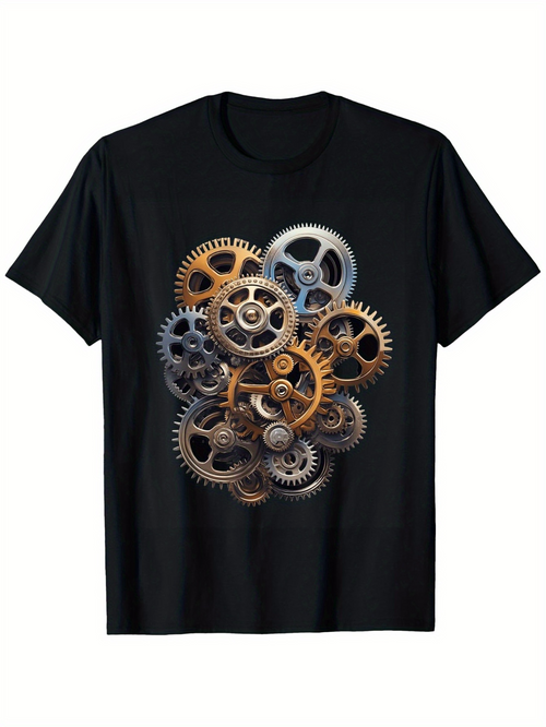 Men's Graphic T-Shirt Steampunk Brass And Silver Gears Clustered On Black T Shirt Mechanical Cogs