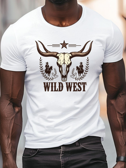 Men's Graphic T-Shirt Wild West With Rodeo Cowboys And Longhorn Skull