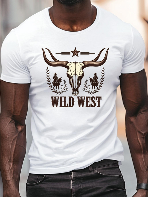 Men's Graphic T-Shirt Wild West With Rodeo Cowboys And Longhorn Skull