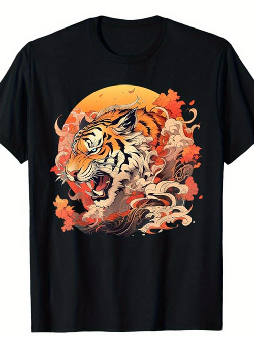 Men's Graphic T-Shirt Fiery Sunset With Roaring Tiger Surrounded By Autumn Leaves
