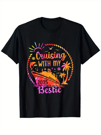 Men's Graphic T-Shirt Cruising With My Bestie 2025 Colorful Fireworks Palm Trees And Cruise Ship