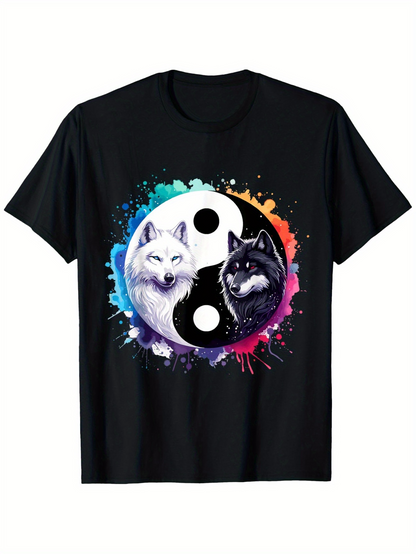 Men's Graphic T-Shirt Color Splash With Yin Yang Balance Symbol And Mystical Wolves