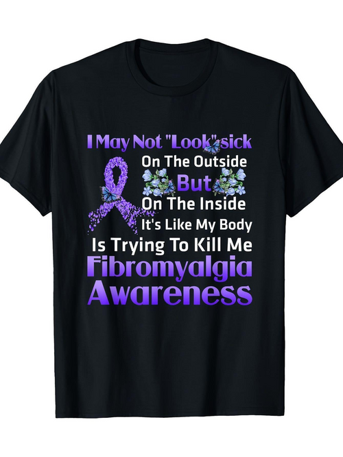 Men's Graphic T-Shirt Purple Ribbon Flowers With Fibromyalgia Awareness On Black Shirt