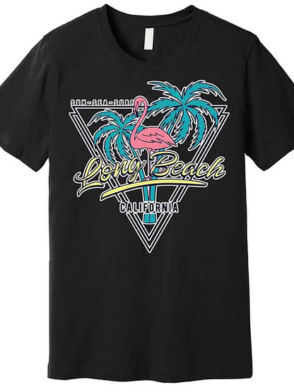 Men's Graphic T-Shirt Long Beach California With Neon Palms And Pink Flamingo