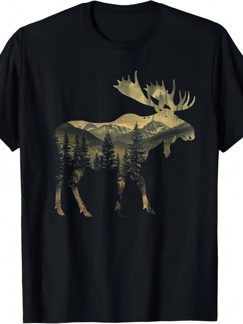 Men's Graphic T-Shirt Forest Landscape Reflected In Silhouette Of Majestic Moose