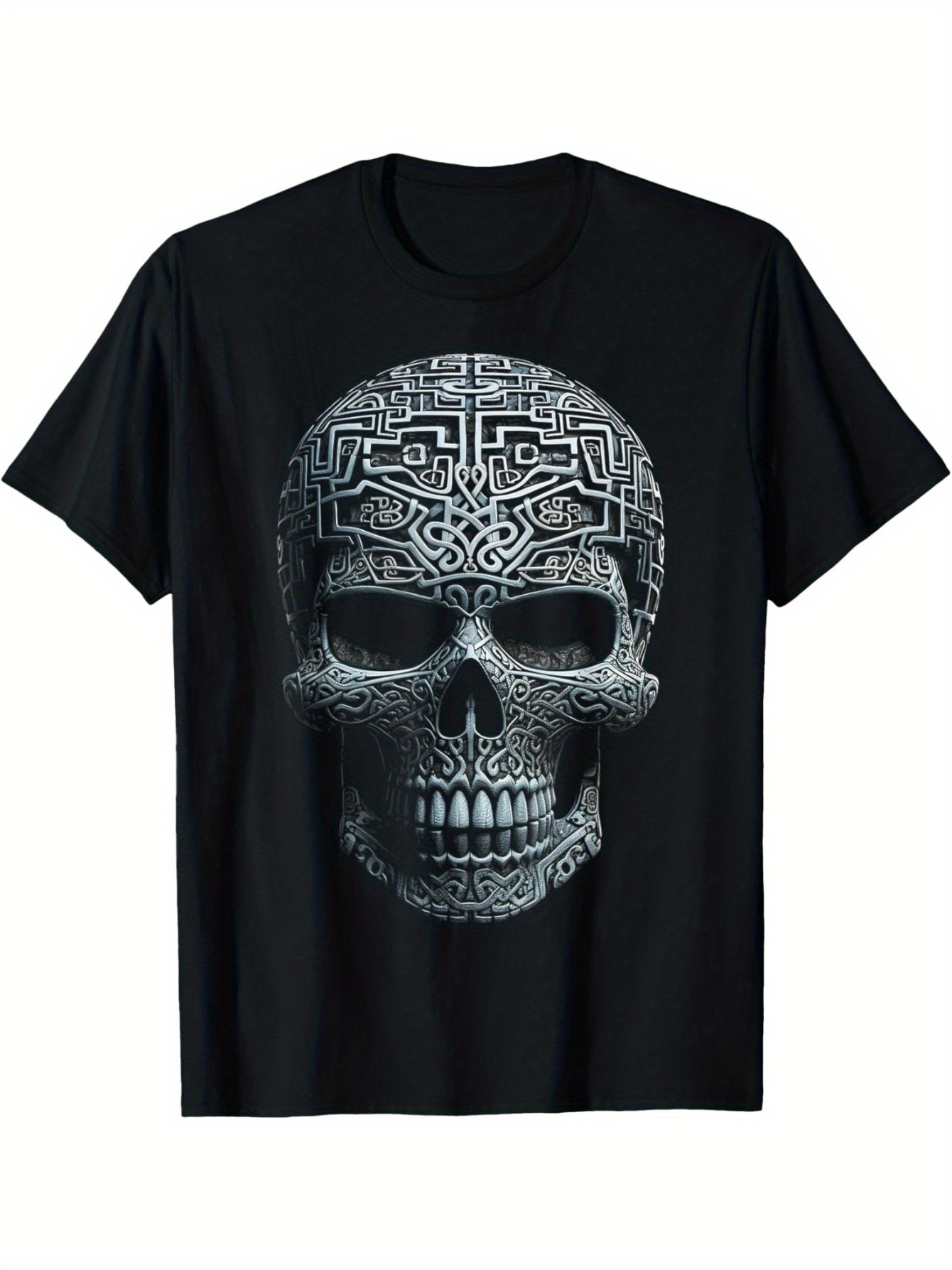 Men's Graphic T-Shirt Intricate Celtic Carvings Under Gentle Light Featuring Human Skull