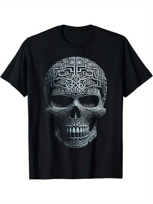 Men's Graphic T-Shirt Intricate Celtic Carvings Under Gentle Light Featuring Human Skull