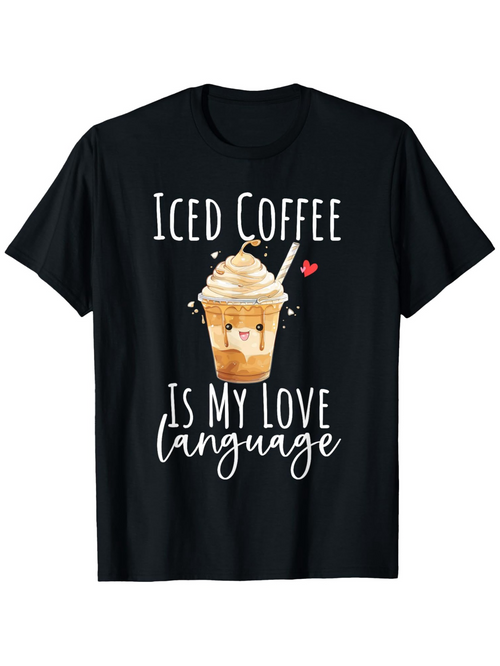 Men's Graphic T-Shirt Iced Coffee Is My Love Language With Creamy Drink Surrounded By Cute Hearts Cup