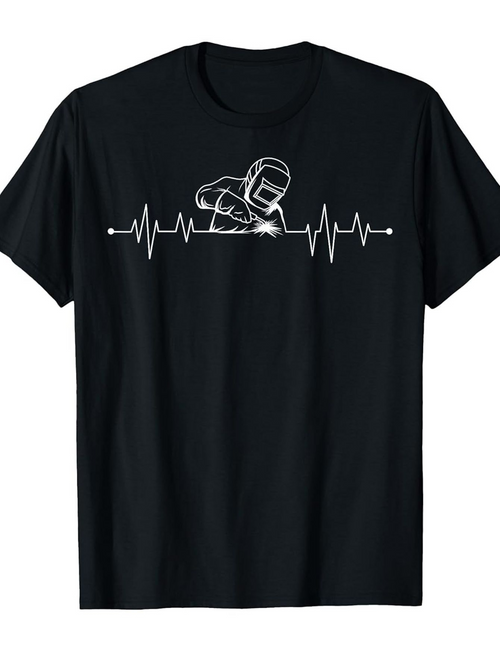 Men's Graphic T-Shirt Heartbeat Line With Skilled Welder Working On Metal Surface