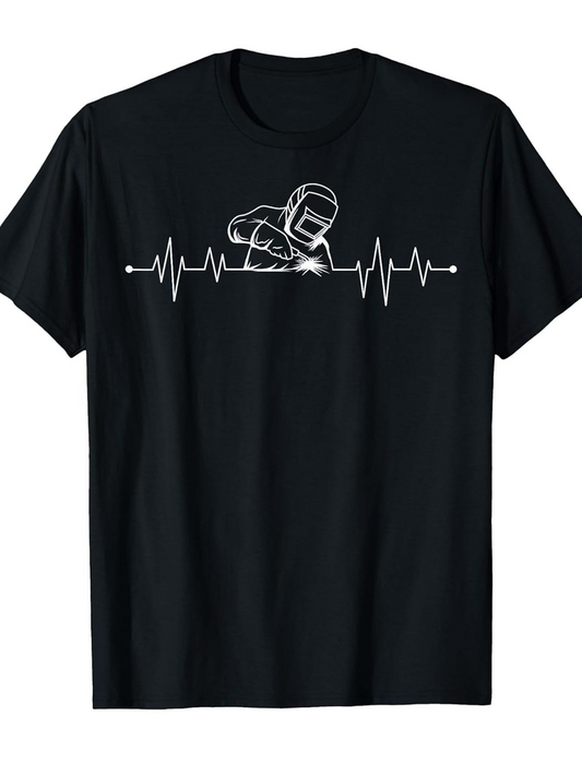 Men's Graphic T-Shirt Heartbeat Line With Skilled Welder Working On Metal Surface