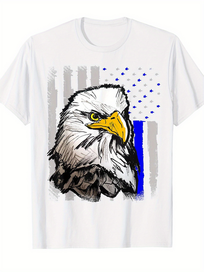 Men's Graphic T-Shirt Bold Eagle Head With Blue Striped Accents And Abstract Paint Splash