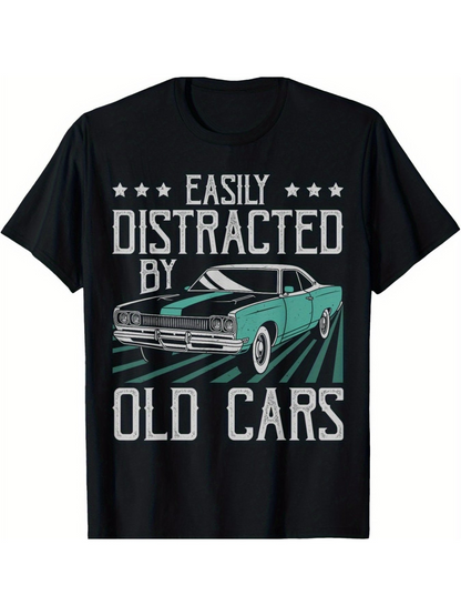 Men's Graphic T-Shirt Easily Distracted By Classic Retro Stars With Vintage Blue Car