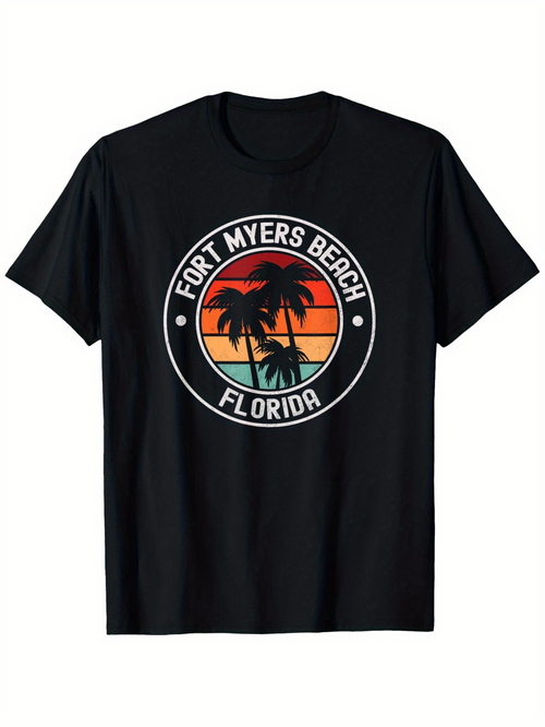 Men's Graphic T-Shirt Fort Myers Beach Sunset With Palm Trees Framed By Vintage Circle Emblem