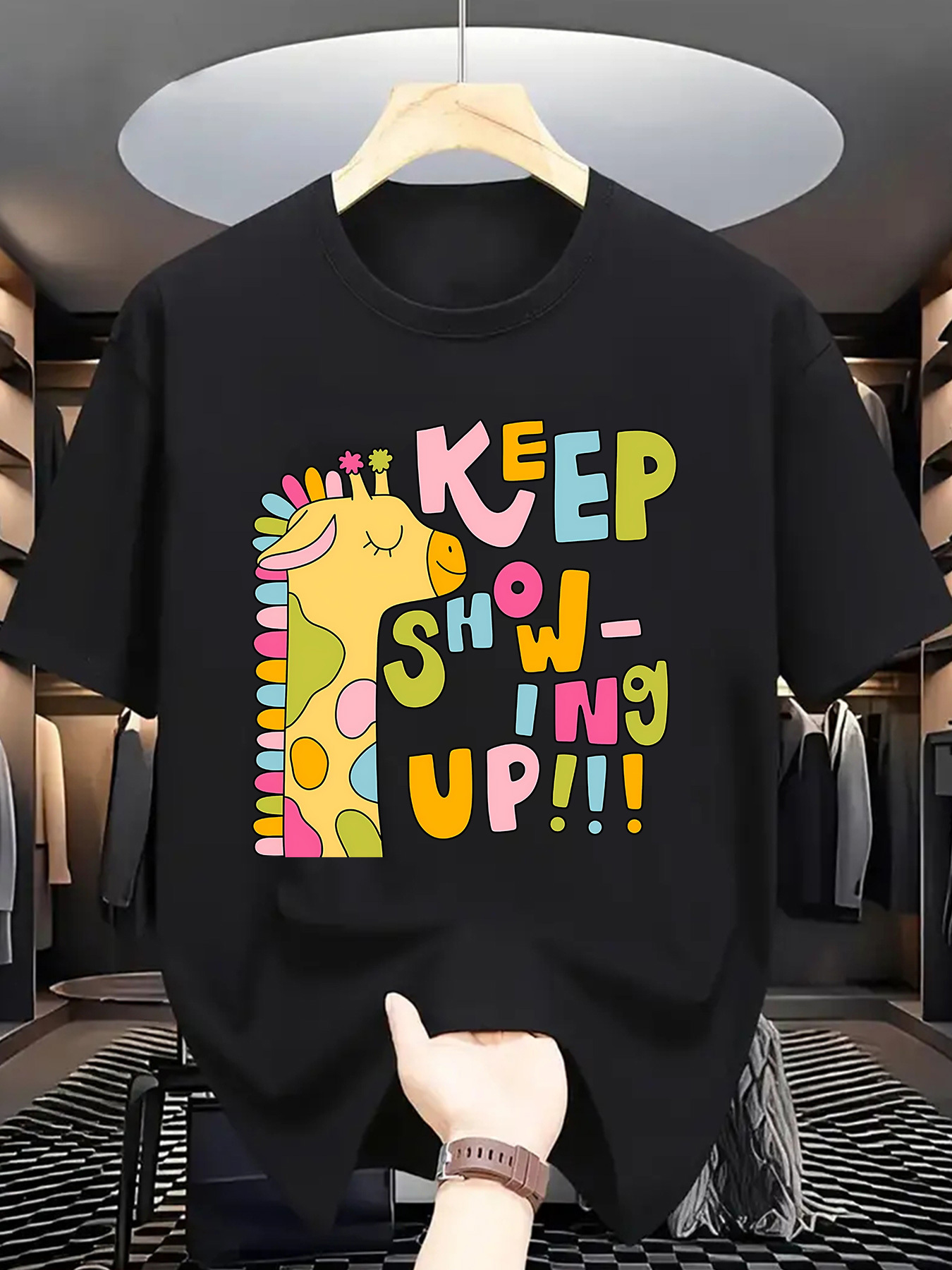 Men's Graphic T-Shirt Keep Showing Up Multicolored Playful Letters With Cheerful Cartoon Giraffe
