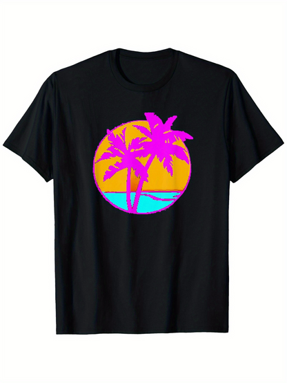 Men's Graphic T-Shirt Vivid Sunset Circle Featuring Neon Palm Trees Under Blue Sky