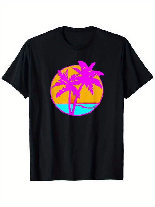 Men's Graphic T-Shirt Vivid Sunset Circle Featuring Neon Palm Trees Under Blue Sky