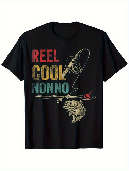 Men's Graphic T-Shirt Reel Cool Nonno Vintage Fishing Rod With Hook Jumping Fish