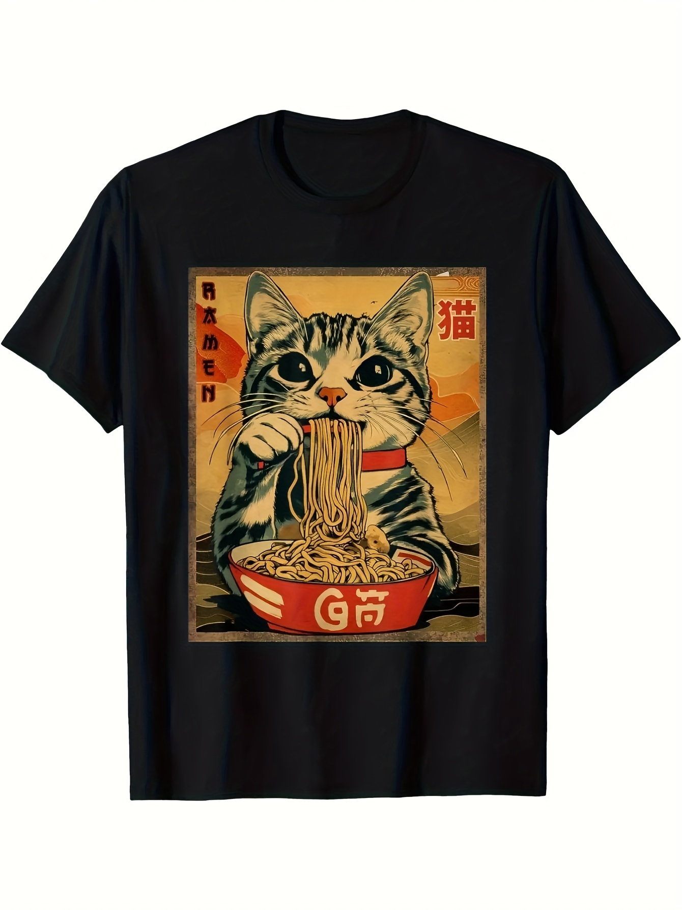 Men's Graphic T-Shirt Whimsical Retro Style Cat Eating Noodles In Vibrant Urban Setting Cat